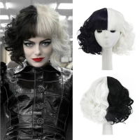 Local shipment Black and White Wigs for Cruella Costume Women Short Curly Wavy Hair Wig with Wig Cut