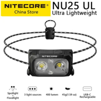 NITECORE NU25 UL USB-C Rechargeable Headlamp 400 Lumen Spotlight Floodlight 3 Light Source for Trail Running Trekking Backpacker