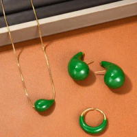 2023 Trend Brass Plated 18K Gold Green Earrings Necklace Ring Luxury Jewelry Set Women Designer Brand Charm