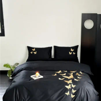 1000TC Egyptian Cotton Black Comforter Cover Flat sheet 2 Pillow shams Luxury Chic Golden Butterfly Embroidery Bedding Set