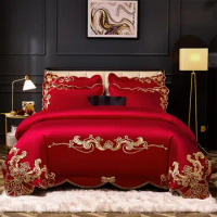 Modern Art Gold Embroidery Bedding Set Luxury Red Egyptian Cotton Wedding Duvet/Quilt Cover Bed Sheet Pillow Shams Bedclothes