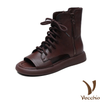 【Vecchio】真皮涼鞋 厚底涼鞋/全真皮頭層牛皮復古百搭繫帶造型厚底羅馬涼鞋(棕)