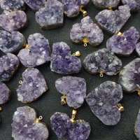 1Pc Natural Amethyst White Crystal Cluster Heart Shaped Golden Edged Pendant Reiki Healing Crystals Geode for DIY Charm Jewelry