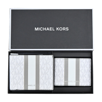 MK MICHAEL KORS GIFTING直紋滿版對開短夾(附證件夾)禮盒組-銀白