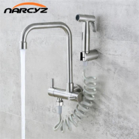 Kitchen Faucet 304 stainless steel into the wall horizontal cold faucet spray set bidet nozzle double control faucet XT-180