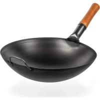 Carbon Steel Wok Pan - 14 “ Woks and Stir Fry Pans - Chinese Wok with Round Bottom Wok - Traditional Chinese Japanese Woks