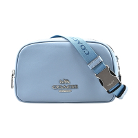COACH Pace系列莫蘭迪霧藍全皮金屬logo斜背/胸背方形腰包