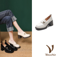 【Vecchio】真皮跟鞋 粗跟跟鞋/全真皮頭層牛皮寬楦方頭粗高跟鞋(米)