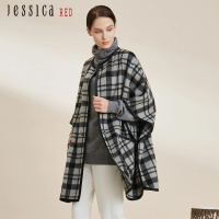 【Jessica Red】百搭寬鬆格紋口袋羊毛混紡斗篷外套8246C4