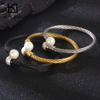 Double Twist Chain Cuff Bangle Suitable for Men's Fashionable Geometric Stainless Steels Pearl Charm Bracelet Accessories