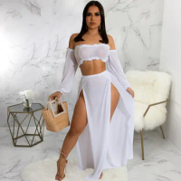COZOK 2022 New Arrival Young Sexy Holiday Beach See Through Lace Full Sleeve + High Waist Long Spit Skirts Women 2 Piece Set