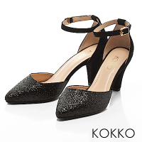KOKKO -仙履童話尖頭踝帶真皮高跟鞋-晶亮黑