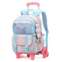 Rolling School Backpack With Pendant Book Bags Wheeled Schoolbag for Teen Girls Kids Trolley School Bag With Wheels Satchel