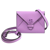 【GUCCI 古馳】GG Marmont 素面皮革頸掛式三折零錢短夾(粉紫)