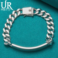 URPRETTY 925 Sterling Silver 10mm Bangle Chain Bracelet For Man Women Wedding Engagement Party Jewelry Halloween Gift