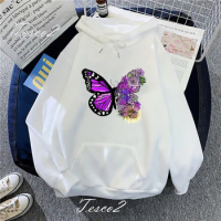 Tesco Butterfly Print Long Sleeve Hoodies For Women Spring Autumn Wear Casual Loose Sweatshirts Female O-Neck Pocket Hoodues