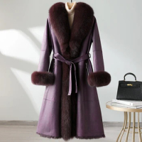 Fox fur integrated coat for women's mid length Haining 2023 winter new slim fitting genuine leather rabbit fur coat thickening