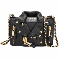 MOSCHINO Biker 大款 夾克造型小羊皮翻蓋鍊帶斜背包(金色)