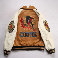 Men's large size leather jacket flight suit jacket printed big chief embroidery casual sports yellow cowhide leather jacket tops