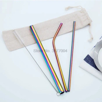 DHL 500set 5pcs/set Reusable 304 Stainless Steel Straw Metal Smoothies Drinking Straight Straws with Brush Bag