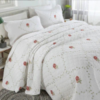 3Pcs 100% Cotton Quilted Vintage Elegant Floral Embroidery Bedspread Coverlet Oversize Queen Ultra Soft Bed Cover Pillow shams