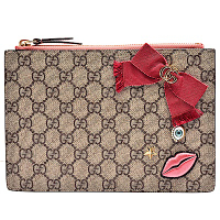 GUCCI 古馳 經典GG Supreme帆布印花牛皮圖案鑲飾手拿包(櫻花粉)