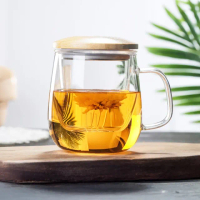 【北歐家居】木紋高硼矽玻璃蘑菇附蓋泡茶杯(420ml 帶茶隔 密封蓋 過濾器 咖啡杯 馬克杯 辦公室)