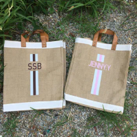 Personalize Any Text Market Bag in Natural with Pink Monogram Travel Totes, Custom Striped Monogram Jute Beach Shopping Bags