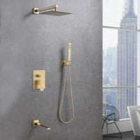Bathroom Shower Set Brushed Gold Square Rainfall Shower Faucet Wall or Ceiling Wall Mounted Shower Mixer 8 or 10" Shower Head
