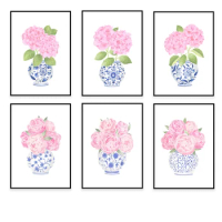 Blue Chinese style poster, blush pink peonies, pink hydrangeas, ginger jar print, blue and white porcelain vase, Chinese vase