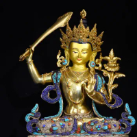 19"Tibetan Temple Collection Old Bronze Outline in gold Mosaic Gem gZi Beads Turquoise Manjushri Bodhisattva Buddha Worship Hall