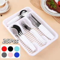 Set Garpu Pisau Sendok 25PCS, Pegang Lurus Miring Melengkung, Stainless Steel & Plastik