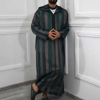 Jubah bertudung fesyen lelaki Jubba Kaftan Dishdash Thobe lengan panjang Colorblock berjalur Arab Muslim Maxi panjang jubah
