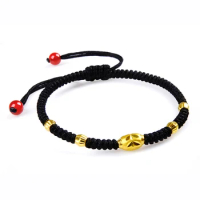 Pure 999 24K Yellow Gold Lucky Oval Bead Black String Knitted Bracelet