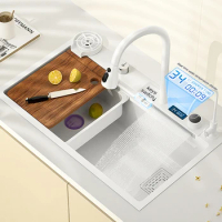 Digital Display White Waterfall Faucet Draining Undermount Nano Single Bowl Sus304 Stainless Steel Kitchen Sink