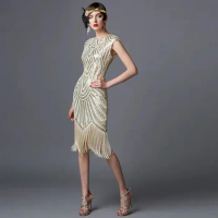 1920 S Vintage Sequins Dress O-Neck Tassels Bodycon Beaded Party Dress Flapper Long Dresses