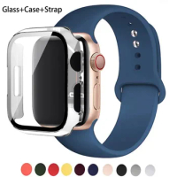 Glass+Case+band For Apple Watch bands 44mm 40mm 45mm 41mm correas Silicone sport bracelet iWatch series 8 9 7 6 5 4 3 SE strap