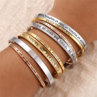 Personalized Engraved Letters Bangle Custom Name Stainless Steel Bangle Cuff Adjustable Bracelets for Women Men Couple Jewelry
