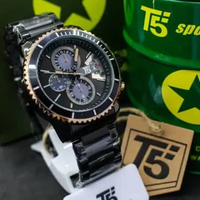 Jam Tangan Pria T5 8162W Original Chrono Tali Rantai Stainless Steel Kaca Safir Casing Stainless Ste