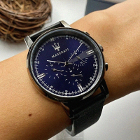 【MASERATI 瑪莎拉蒂】MASERATI手錶型號R8871630002(寶藍色錶面黑錶殼深黑色真皮皮革錶帶款)