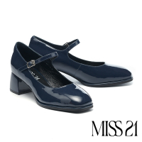 高跟鞋 MISS 21 復古微甜亮感牛軟漆皮方頭瑪莉珍粗高跟鞋－藍