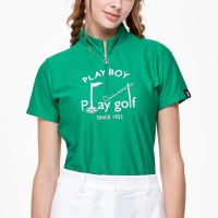 【PLAYBOY GOLF】女款高爾夫圖騰吸濕排汗抗UV立領短袖上衣-綠(高爾夫球衫/KA24121-45)