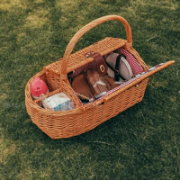 Rattan Picnic Basket Spring with Tableware Storage Basket Woven Picnic Outdoor Fruit Camping Storage Box Full Set