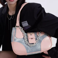Y2k Pink Women'S Bag Denim Patchwork Shoulder Bag Sweet Cool Girls Biker Crossbody Bag Versatile Black Handbags Drop Shipping