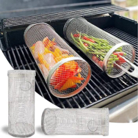 Rolling Grill Basket, Greatest Grilling Basket Ever Stainless Steel Wire Mesh Cylinder Grilling Basket Round Grill Cooking Rack