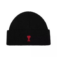 AMI Paris Red Ami De Coeur Felted Merino Wool Beanie Black