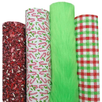 Christmas Faux Leather Sheets Crutches Glitter Leather Green Immitation Fur Fabric Tartans printed Glitter For Bow 21x29CM Q1510