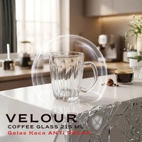 SOEBI ANTIQ - VELOUR Gelas Kaca Anti Pecah Bening Gagang Motif Strip 215 ml - Cangkir Kopi Kaca Teba