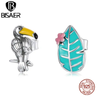 BISAER New 100% 925 Sterling Silver Bird And Leaf Stud Earrings For Women Girl Corlorful Rain Forest Fine Jewelry Gift ECE1083