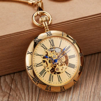 Copper Transparent Smooth Steampunk Vintage Mechanical Pocket Watch Necklace Skleleton Fob Watch Male Chain Watch Gift